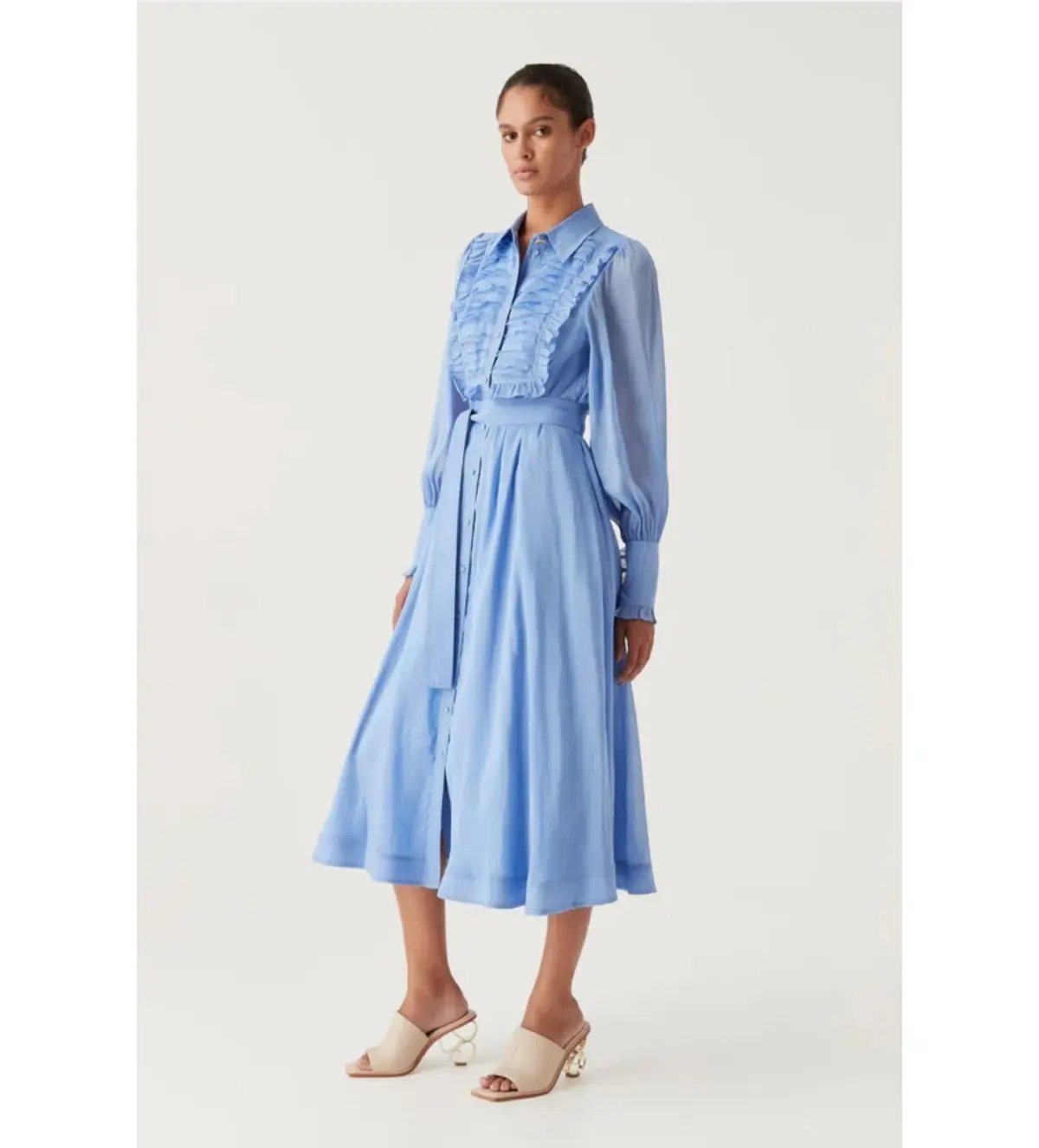 Aje Iris Pleated Bib Midi Dress in Mist Blue Size M / AU 10 photo 2