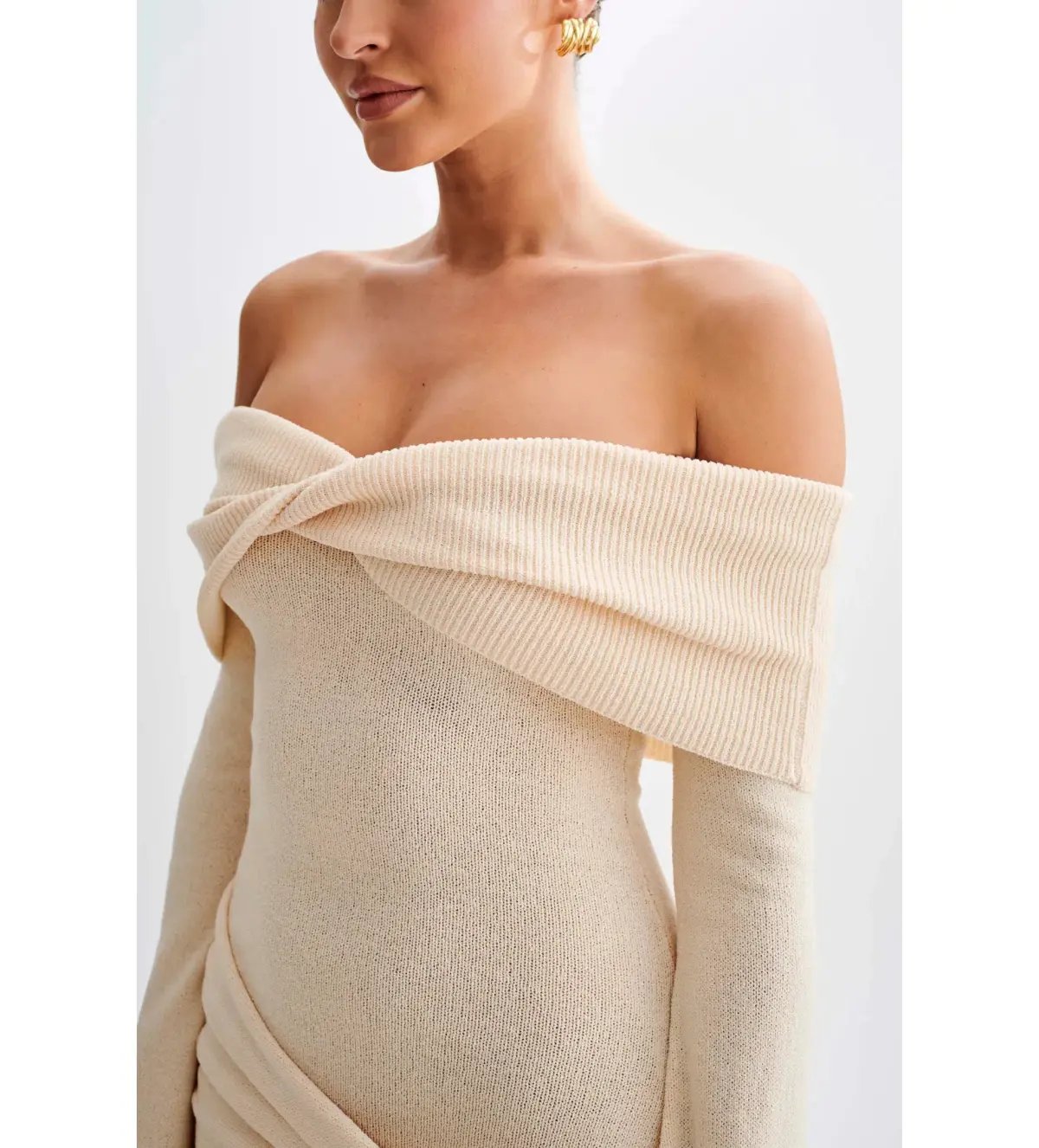 MESHKI Camryn Off Shoulder Tie Knit Mini Dress in Cream Marle Size XS/AU 6 photo 4