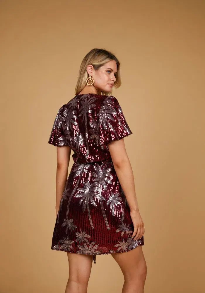 Nine Lives Bazaar Margarita Sequin Wrap Mini Dress Palm Tree Sequin Print Size AU 12 photo 2
