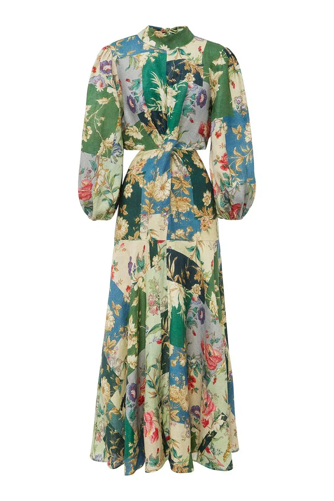 Alemais Loretta Long Sleeve Cutout Linen Patchwork Midi Dress Multi Size 10 photo 3