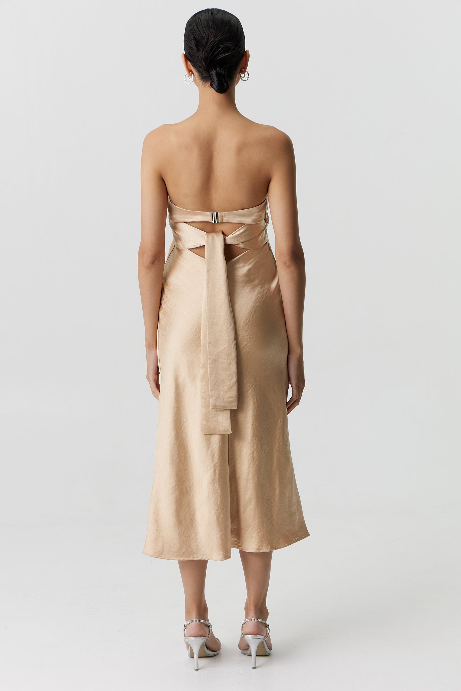 THIRD FORM SATIN TIE BACK STRAPLESS MIDI DRESS - SAND photo 3