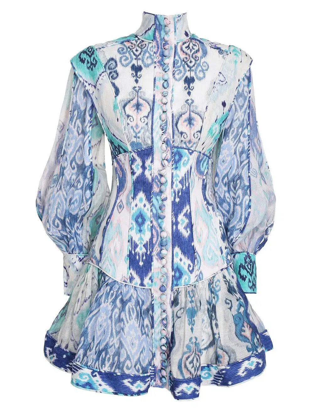 Zimmermann Glassy Long Sleeve Mini Dress Spliced Blue Ikat Print Size 0 / AU 8 photo 3