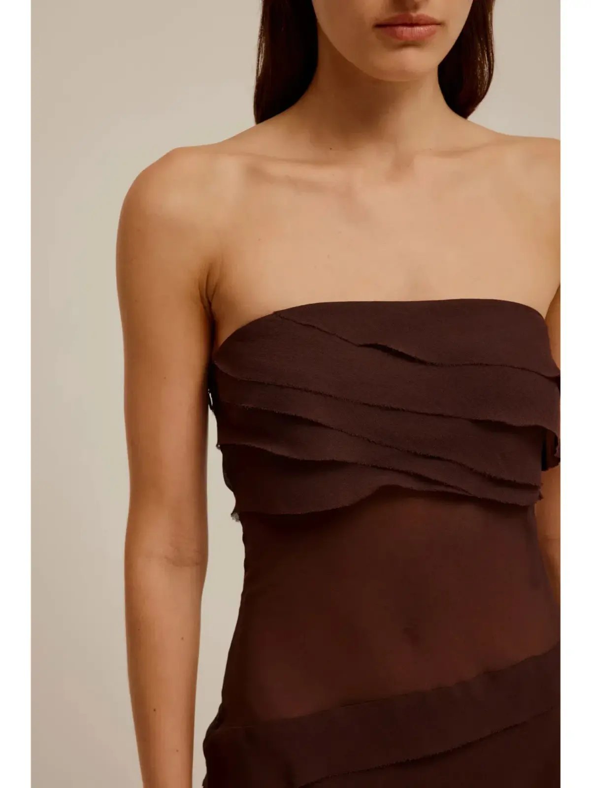 Venroy Sheer Panelled Strapless Dress Java Brown Size AU 12 photo 2