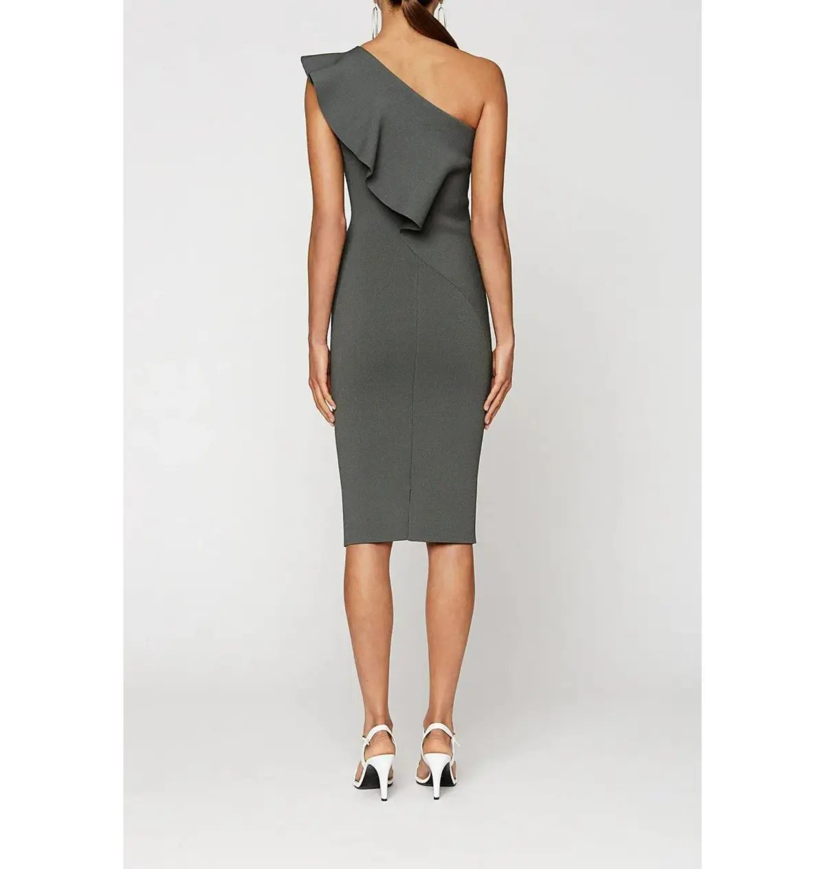 Scanlan Theodore Crepe Knit One Shoulder Ruffle Midi Dress Khaki Size XS / AU 6 photo 3