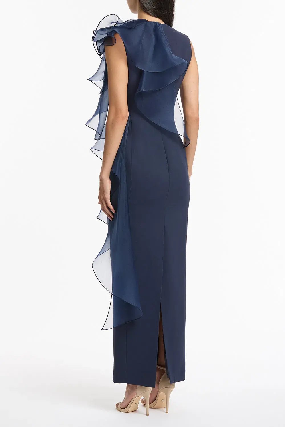 Carla Zampatti Crepe Ruffle Shoulder Gown Navy Size 6 photo 3