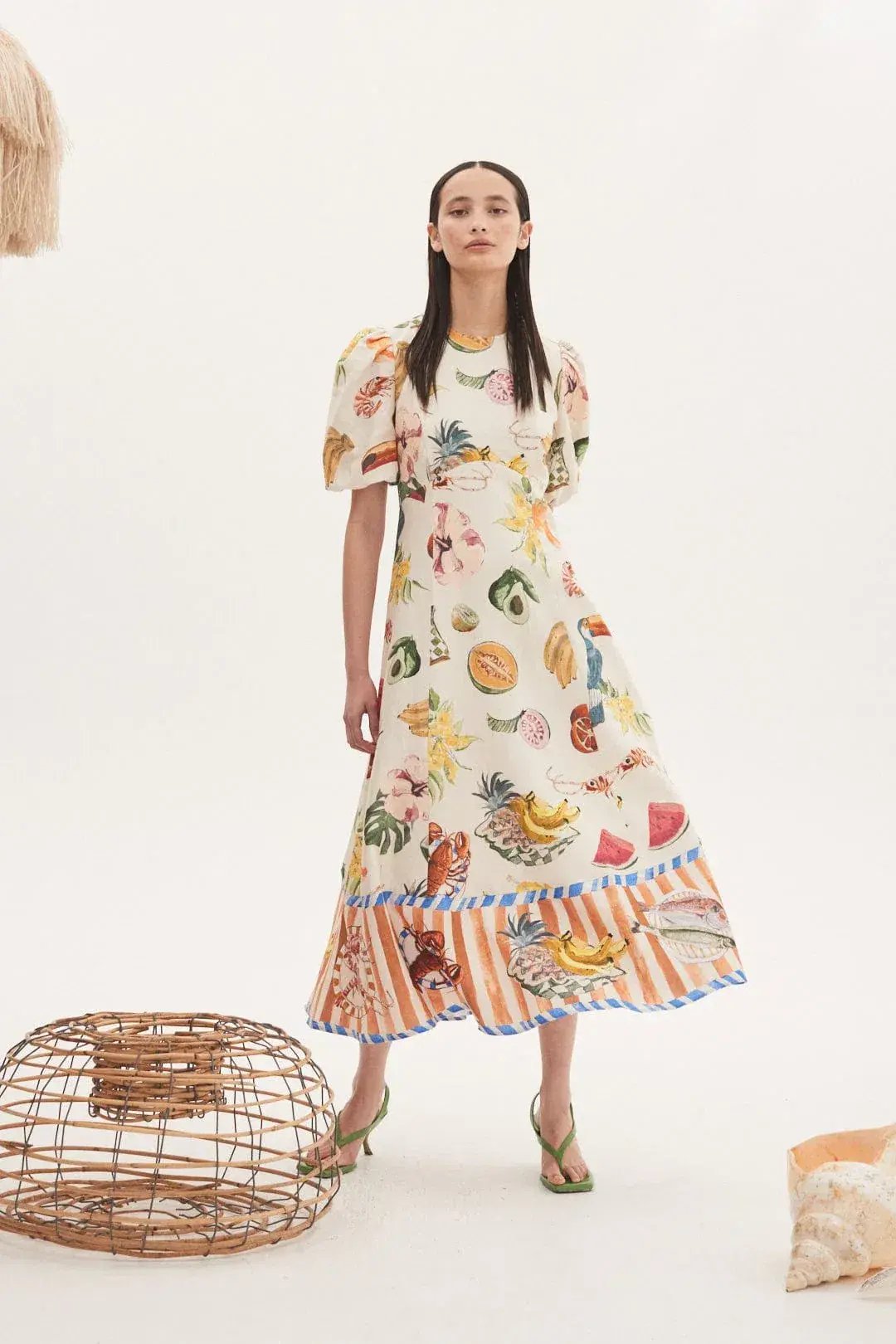 Alemais Theo Midi Linen Puff Sleeve Dress Print Size 12 photo 5