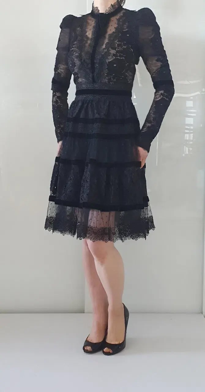 Elie Saab Velvet Trimmed Lace Mini Dress Black Size 6 photo 4