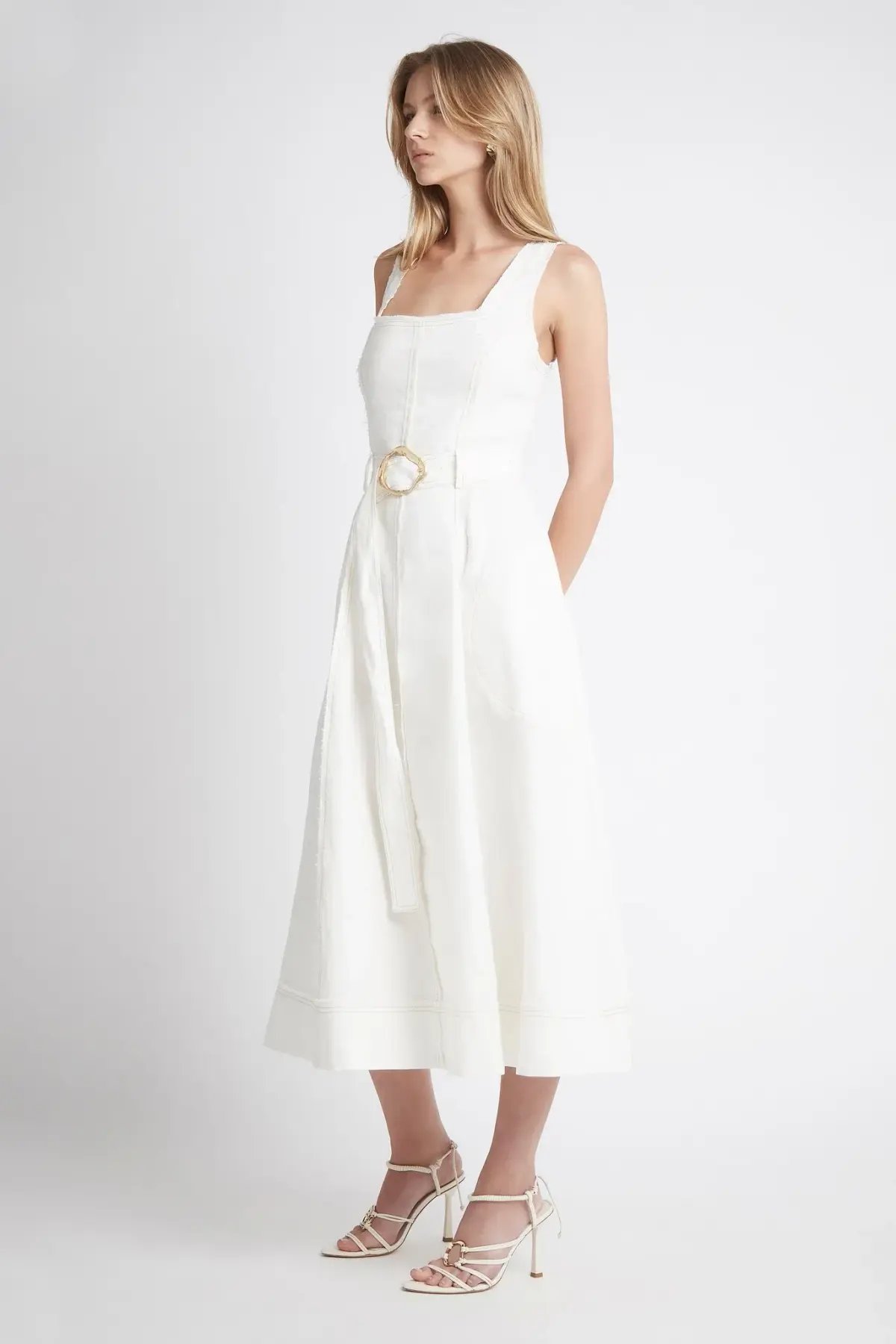 Aje Byblos Linen Belted Midi Dress White Size 6 photo 3