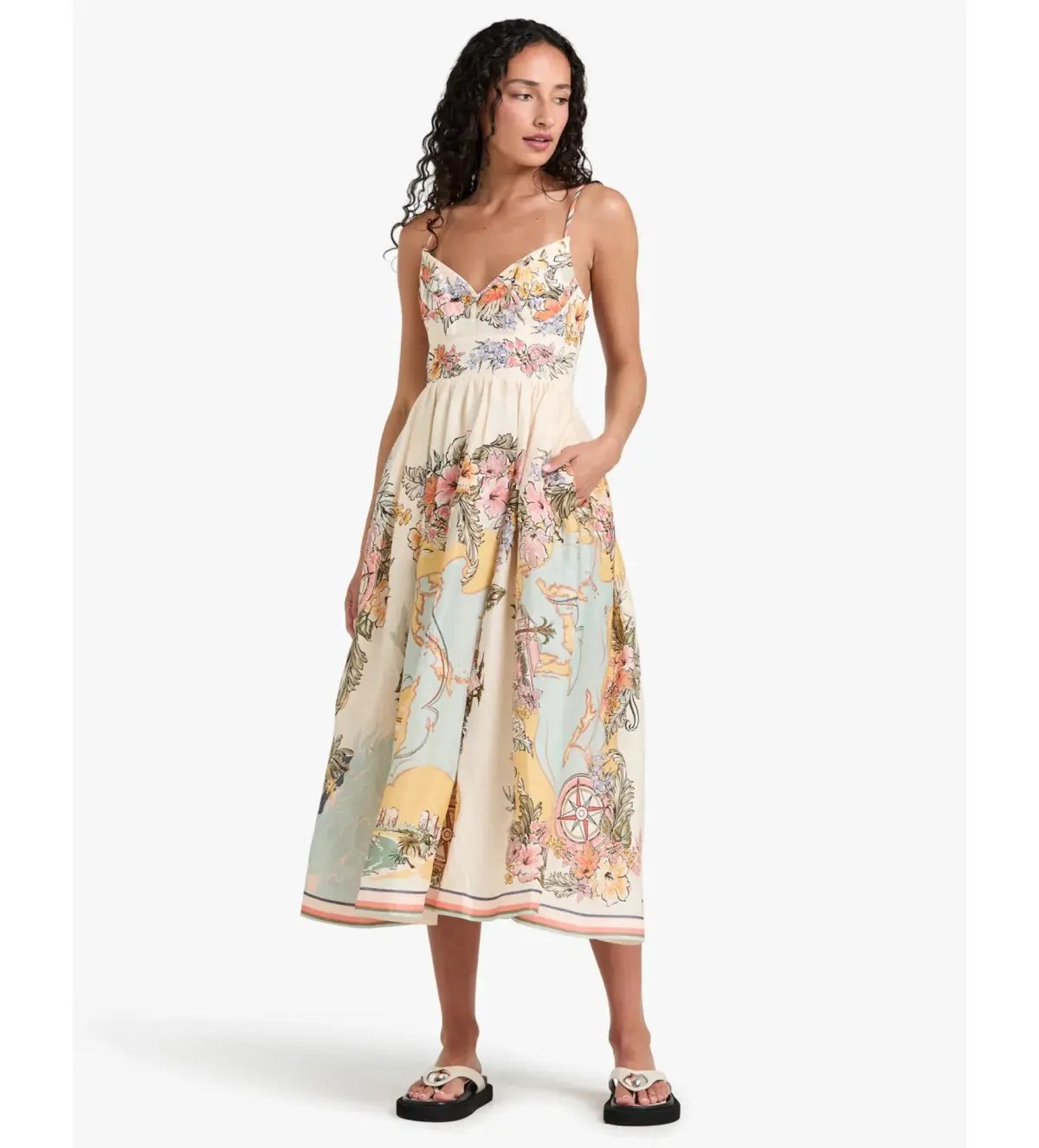 Zimmermann Tallow Tucked Bodice Midi Dress Nautical Map Size 2/AU 12 photo 2