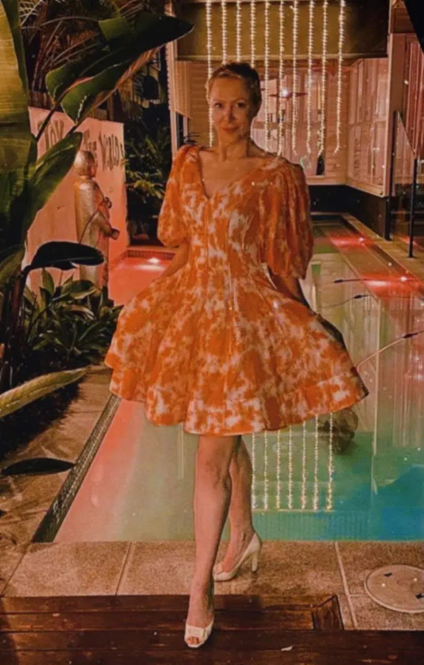 Zimmermann Postcard Puff Sleeve Flared Mini Dress Orange Tonal Floral AU14 (22:11) photo 2