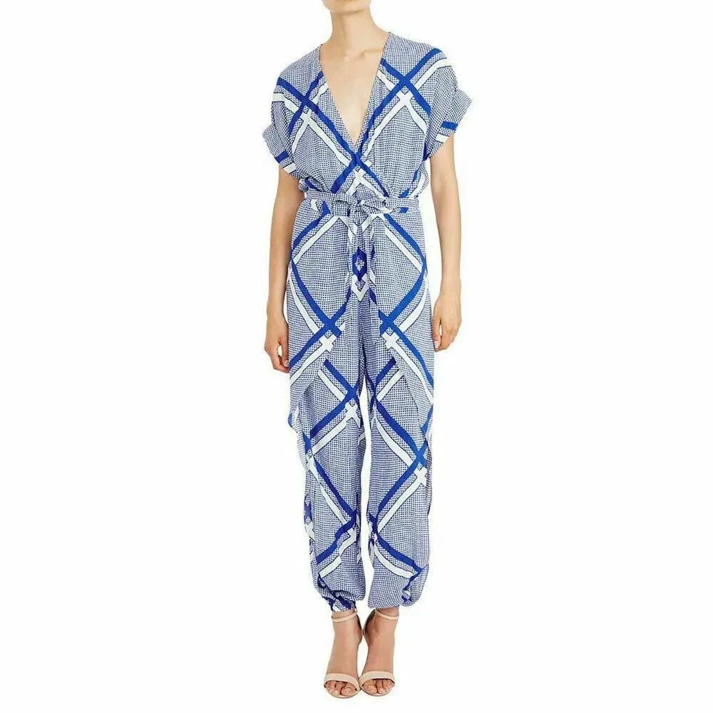Sass & Bide The Flight Tigers & Lions Split Leg Jumpsuit Blue White Size 8 photo 3