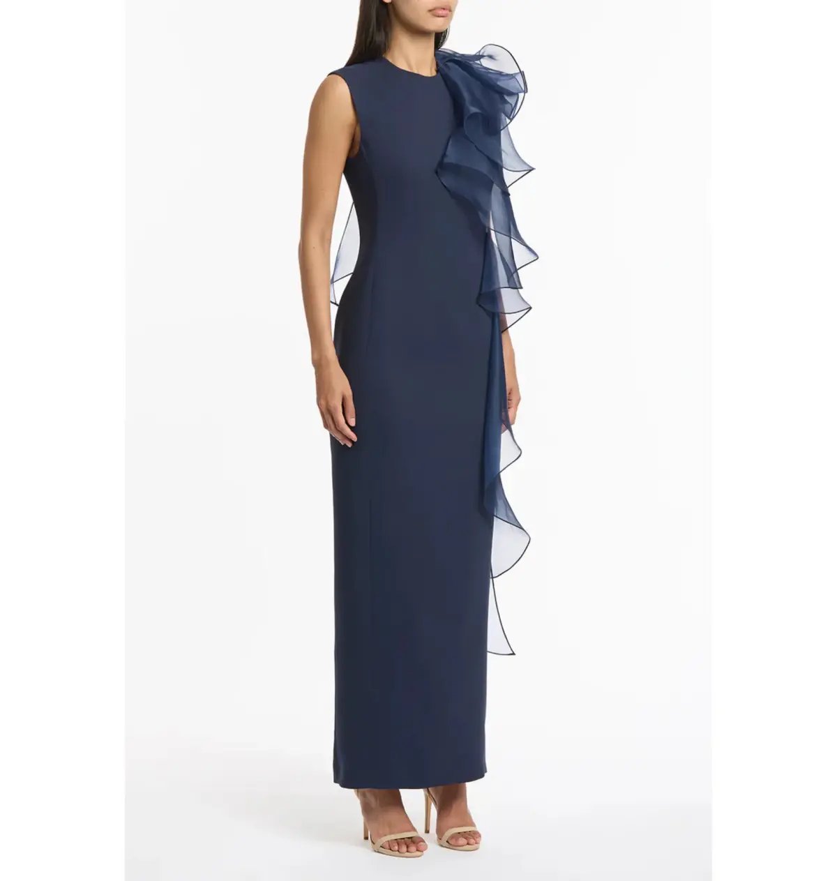 Carla Zampatti Crepe Ruffle Shoulder Gown Navy Size 12 photo 2