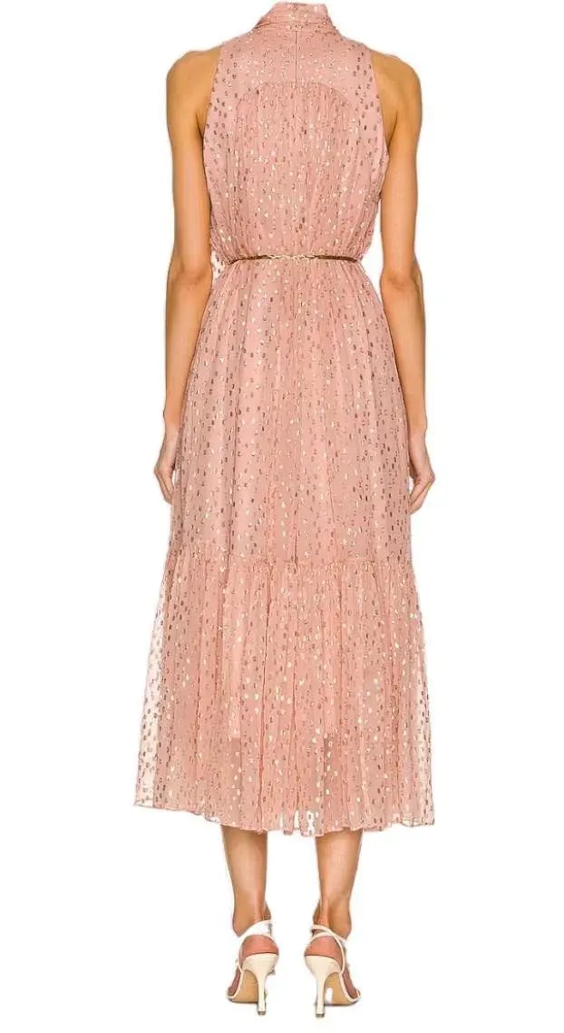 Zimmermann Metallic Dot Tie Neck Midi Dress Blush Size 2 /AU 12 photo 3