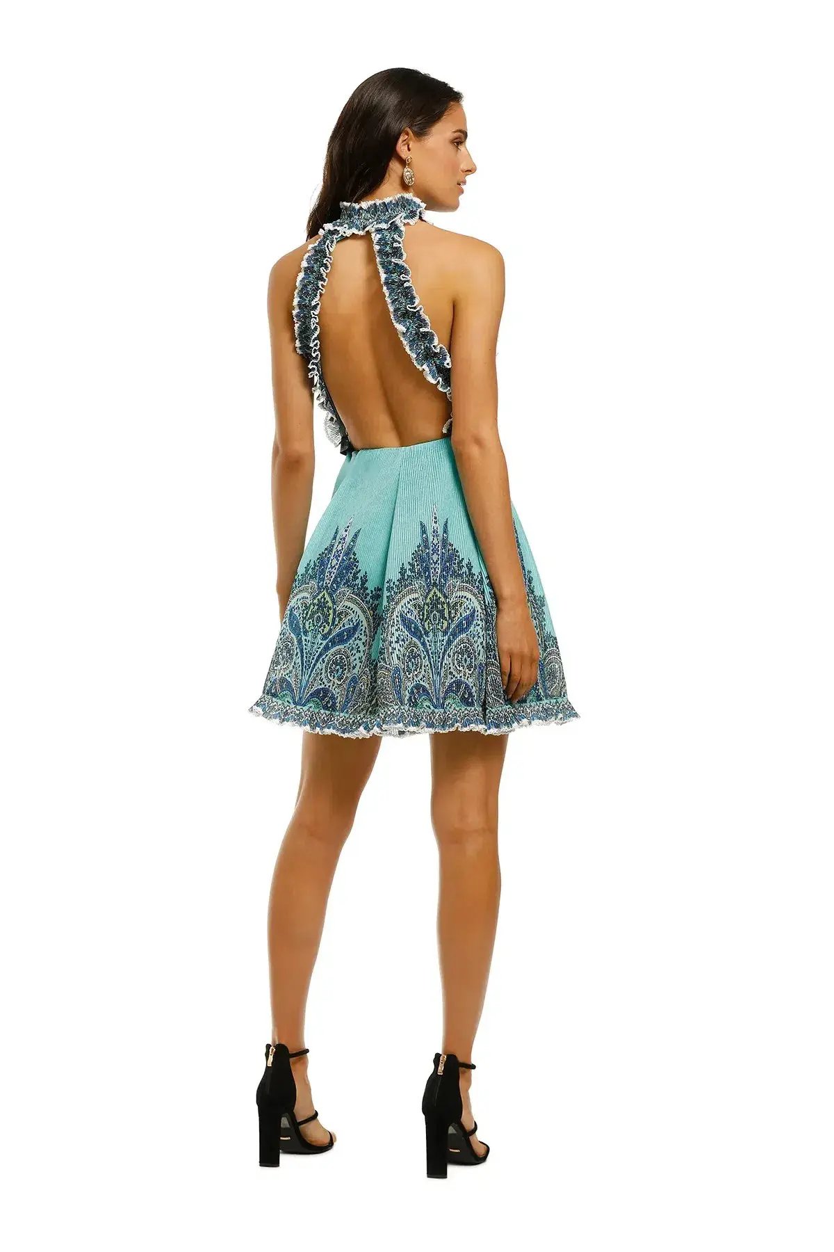 Zimmermann Moncur Ruffle Neck Mini Dress Aqua Paisley Print Size 2/ Au 12 photo 3