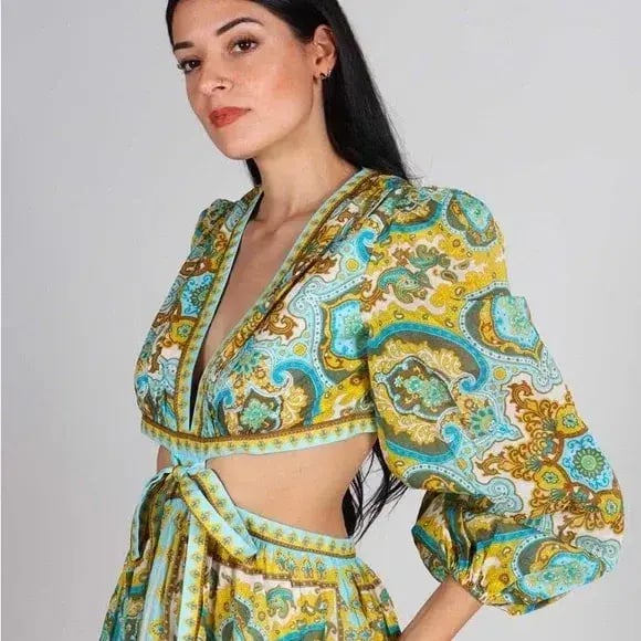 Zimmermann Halcyon Tie Front Midi Dress Size Multi Print 1 / AU 10 photo 2