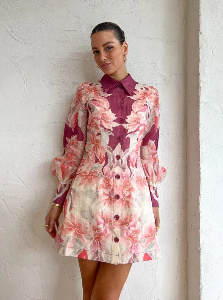 Leo Lin Luminous Silk Linen Mini Dress in Orient Print in Hibiscus Pink Size 10 photo 5