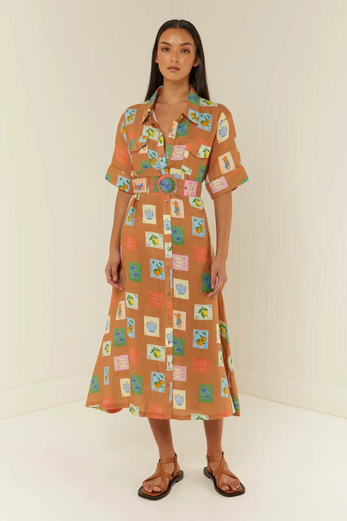 Palm Noosa Souvenir Shirt Midi Dress Brown Emblem Size 14 photo 7