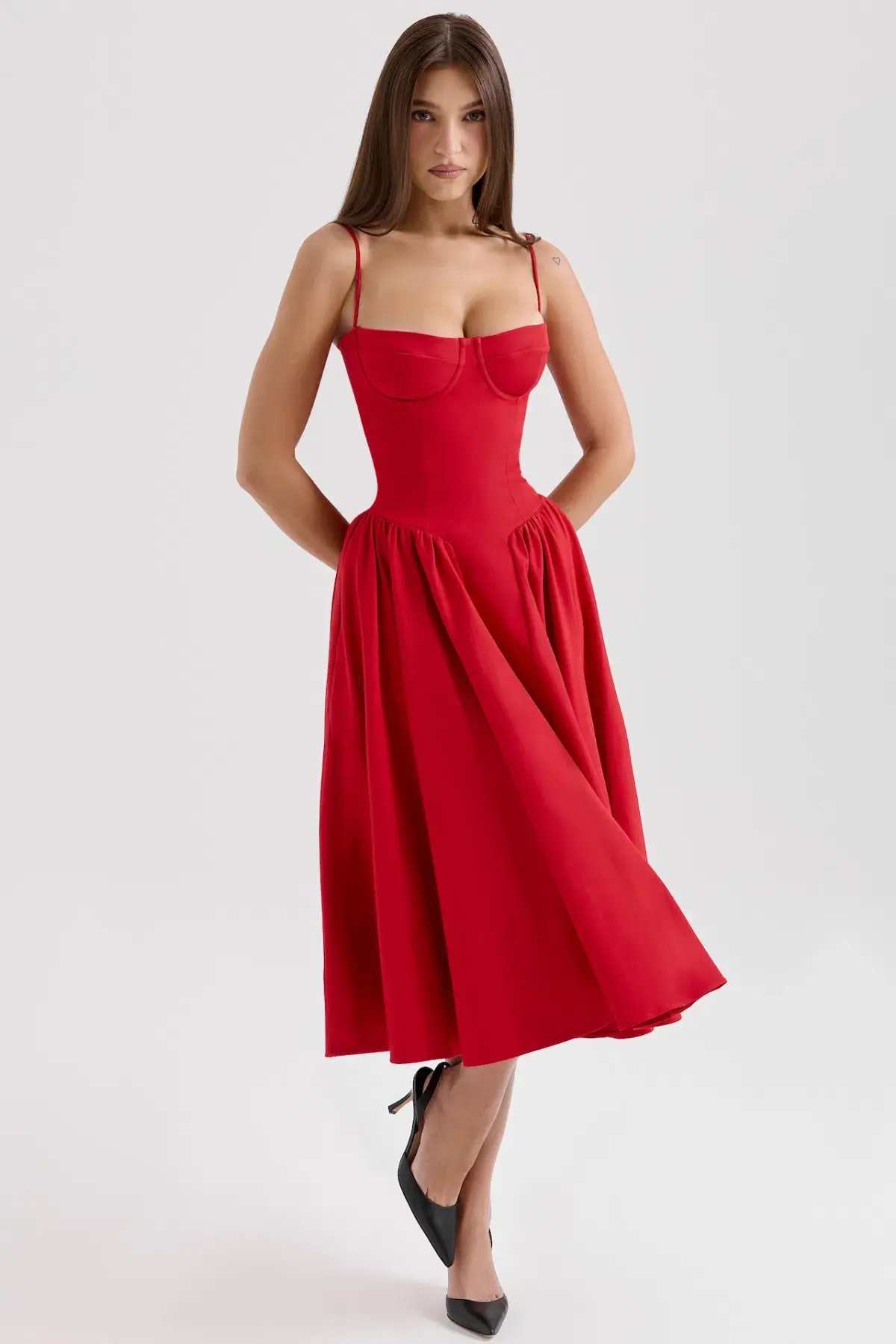 House of CB Samaria Gathered Midi Dress Red Size 8/S photo 6