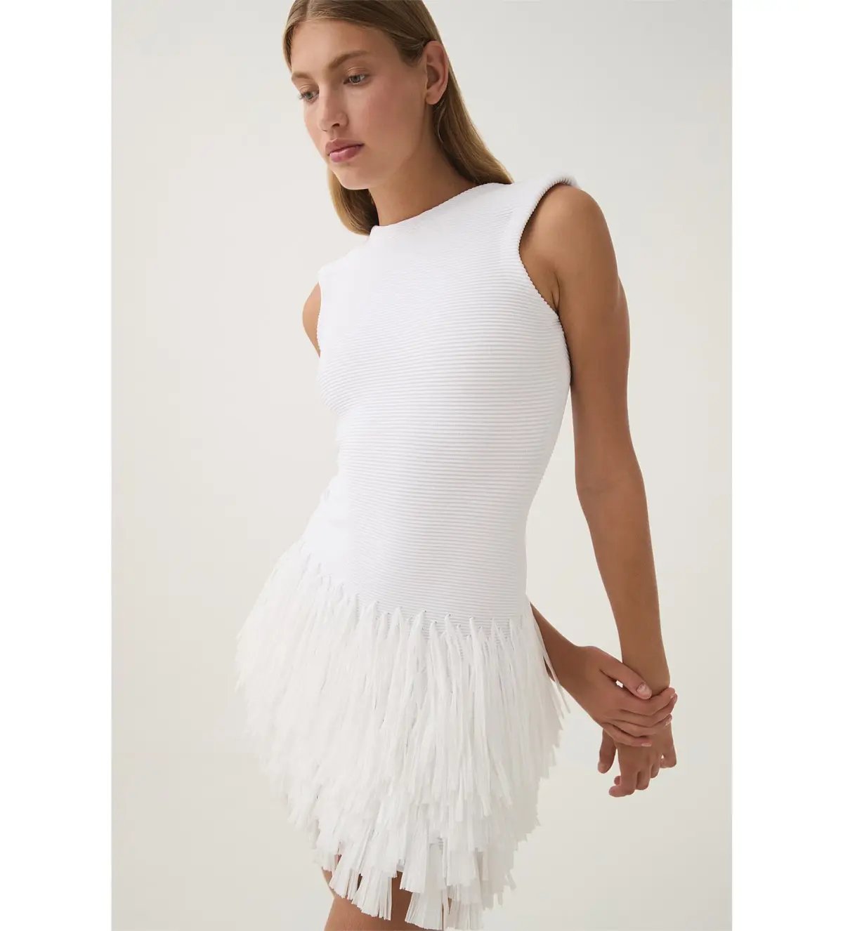 AJE Rushes Fringe Knit Mini Dress in White Size M AU 10 photo 4