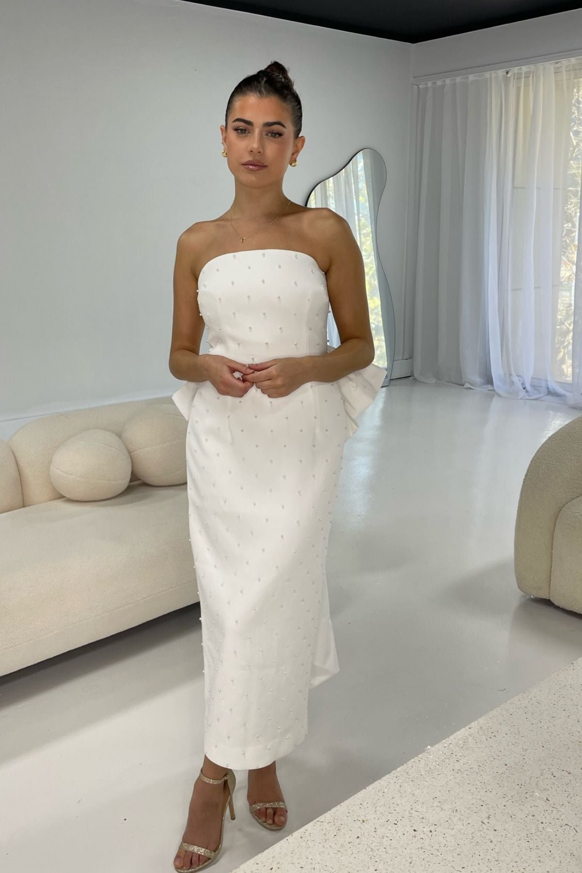 Perle Bow Midi Dress in Ivory White photo 4