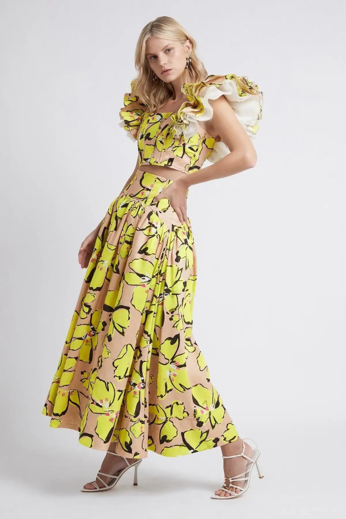 Aje Pelicano Citrus Bloom Midi Skirt and Frill Cropped Top Set Print Size 8 photo 3