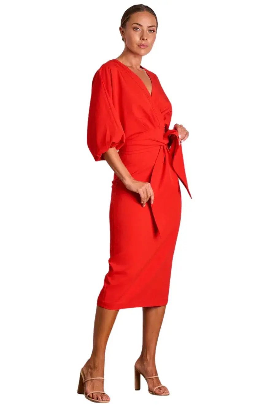 Pasduchas Emerson Drape Midi Dress Poppy Red Size 10 photo 4