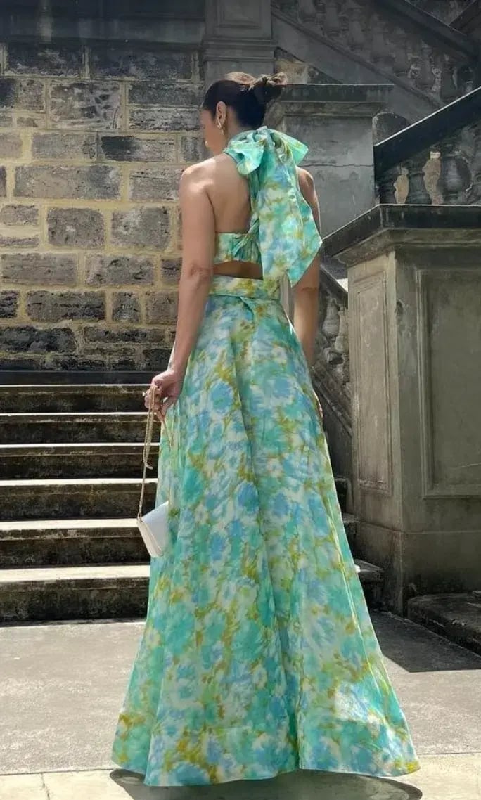 Zimmermann High Tide Twist Crop Bodice & Maxi Skirt Set Aqua Ikat Floral  Size 0P/ AU 6 photo 5