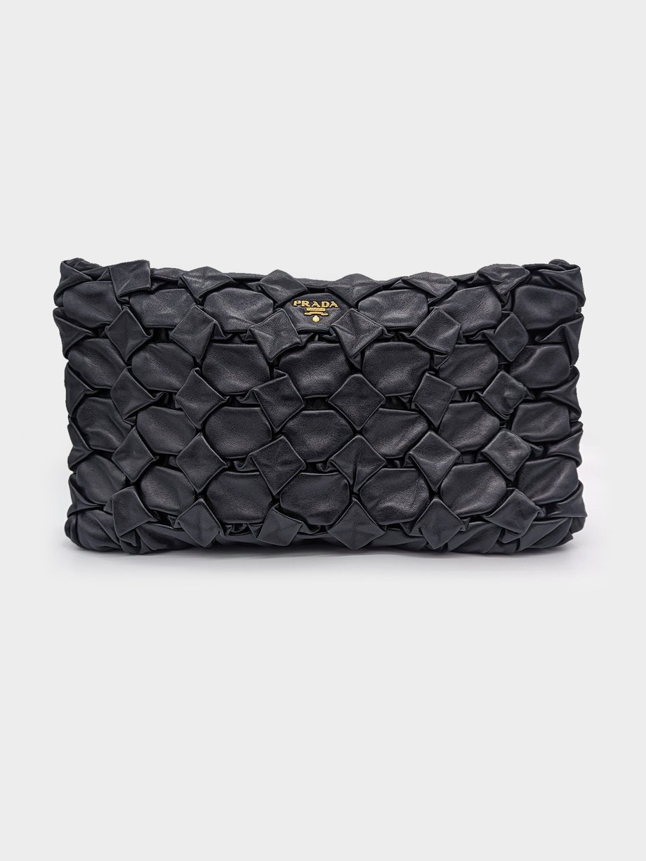 Prada Modore Hand Pleated Nappa Leather Clutch Bag Black photo 3