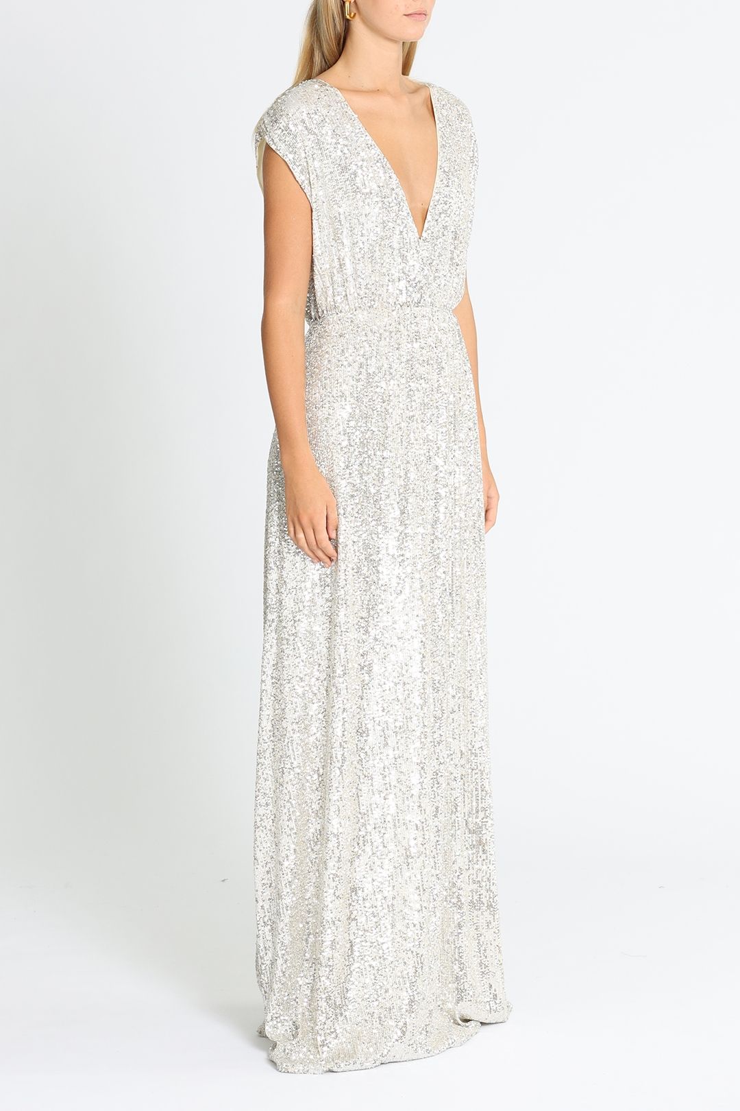 Wrap Style V Neck Sequin Gown - Silver photo 2
