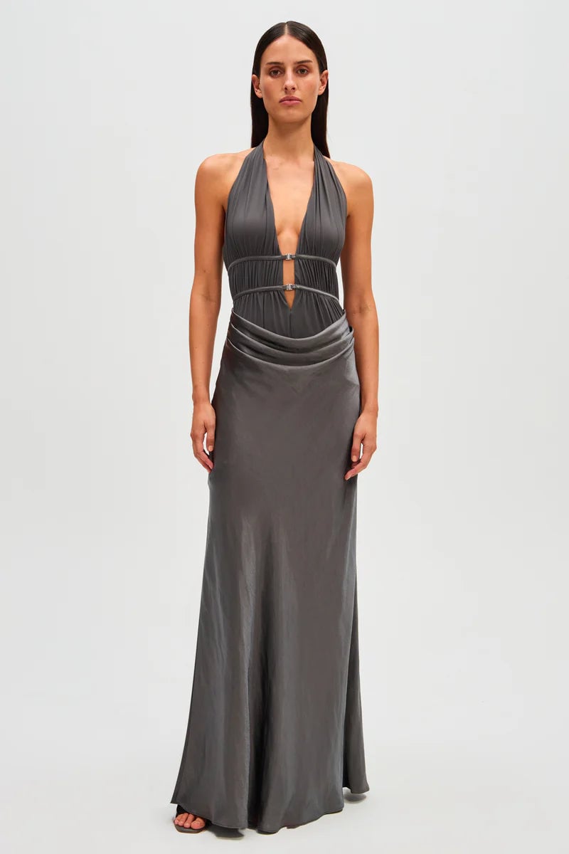 MISHA COLLECTION CELINE SATIN MAXI DRESS - PEWTER photo 5