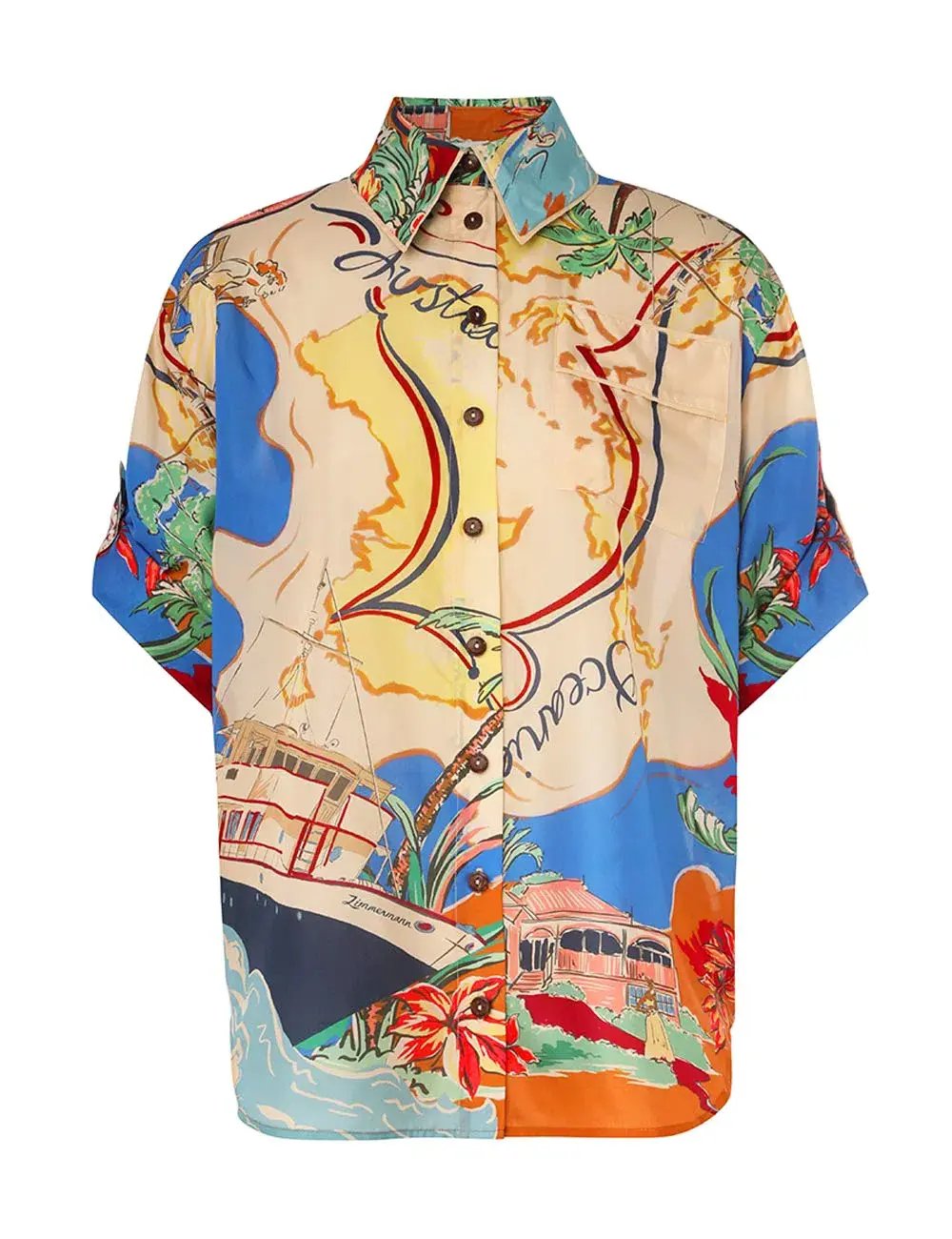 Zimmermann Alight Short Sleeve Shirt and Draw Waist Short Set in Nautical Map Size 8 photo 3