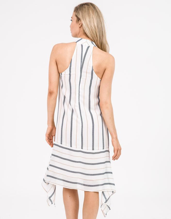Shona Joy High Neck Handkerchief Dress Navy Gold Stripe Size 8 photo 3