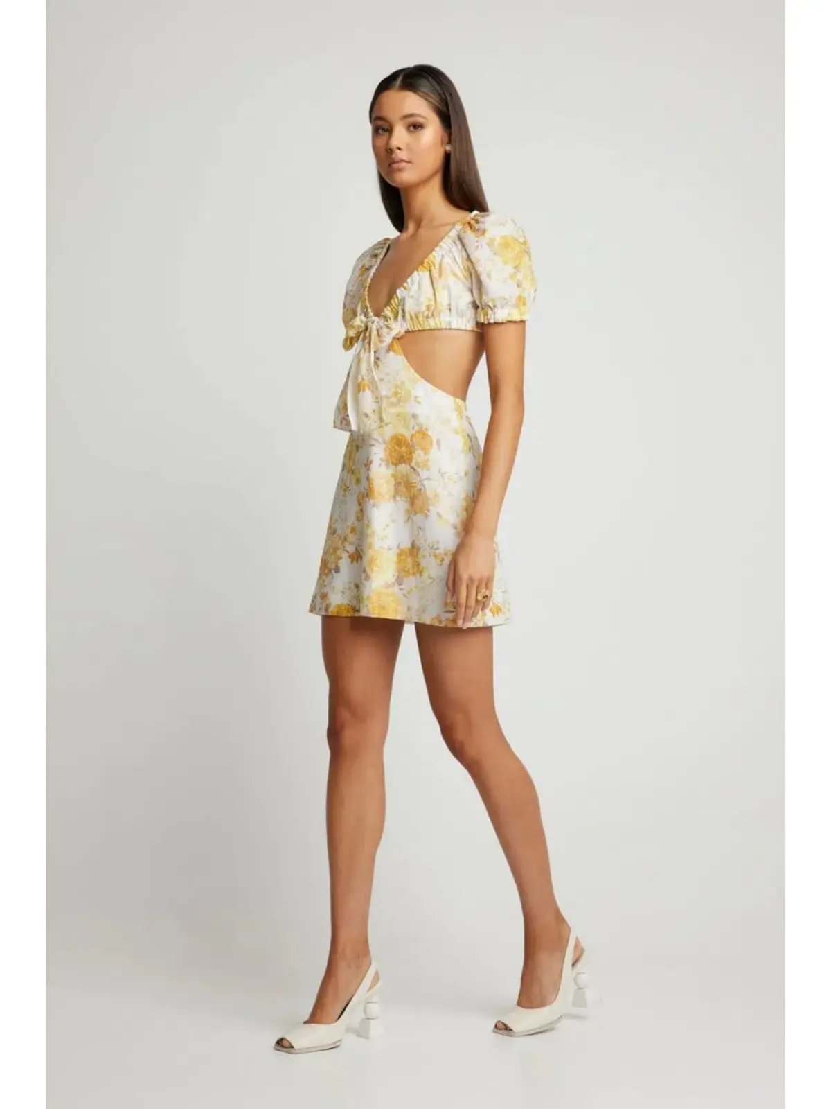 Sofia The Label Ami Tie Front Mini Dress Yellow Floral Size AU 8 photo 2
