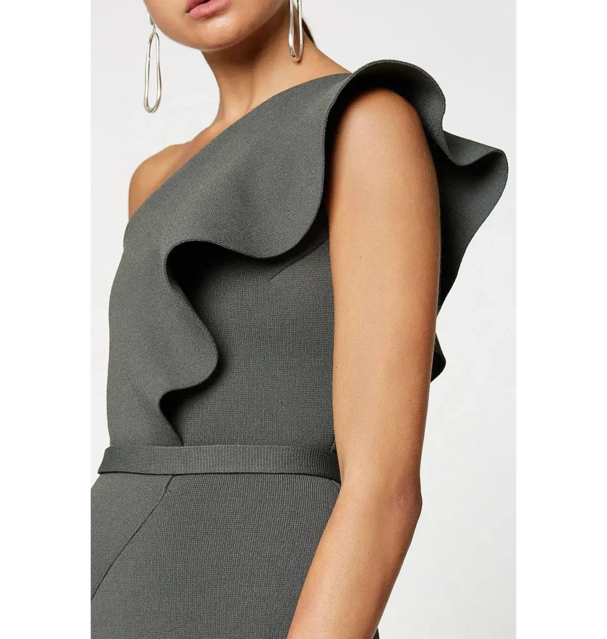 Scanlan Theodore Crepe Knit One Shoulder Ruffle Midi Dress Khaki Size XS / AU 6 photo 4