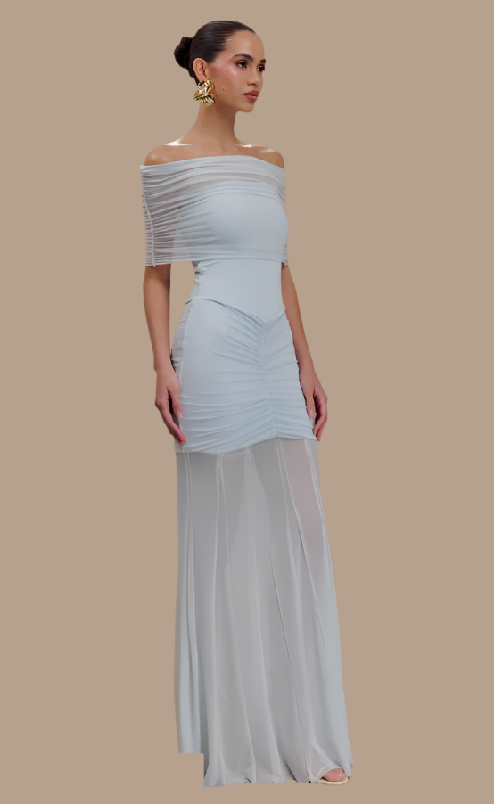 Meshki Caspian Slinky Mesh Off Shoulder Dress Blue photo 3