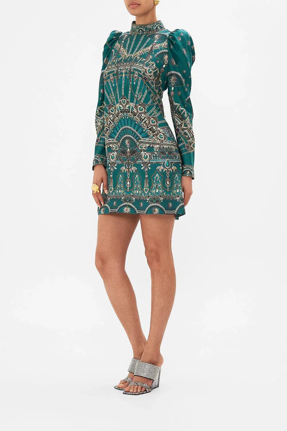 Camilla Puff Sleeve High Neck Mini Dress Green Size 14 photo 2