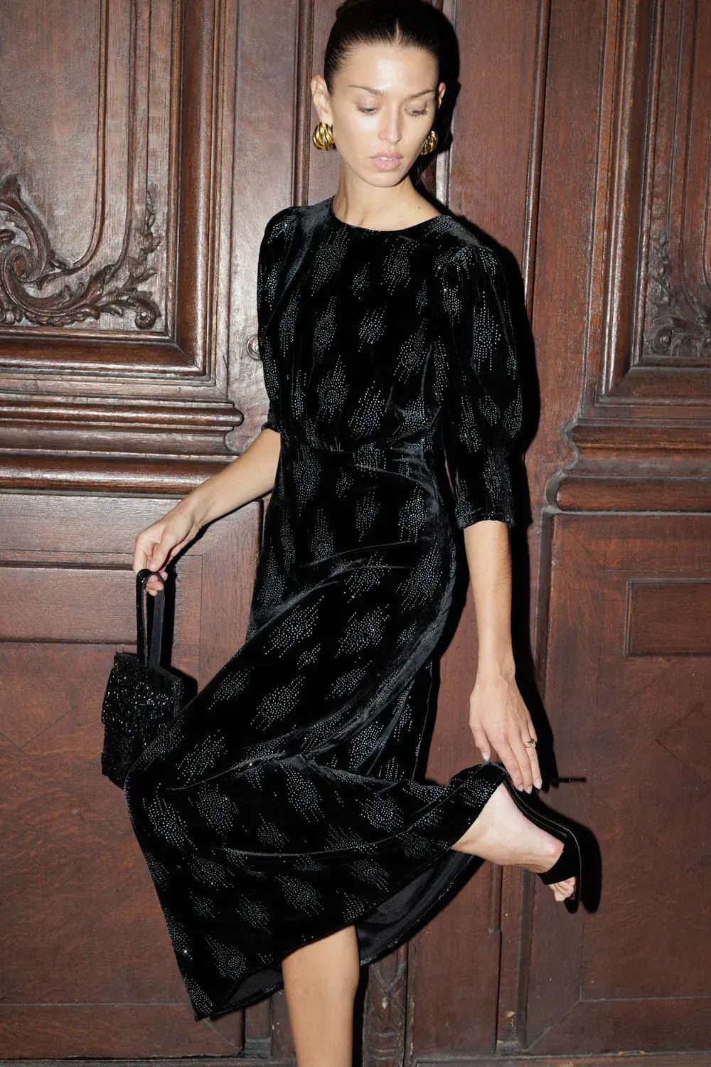 RIXO Lucile Velvet Droplet Glitter Midi Dress Black Size 6 photo 5