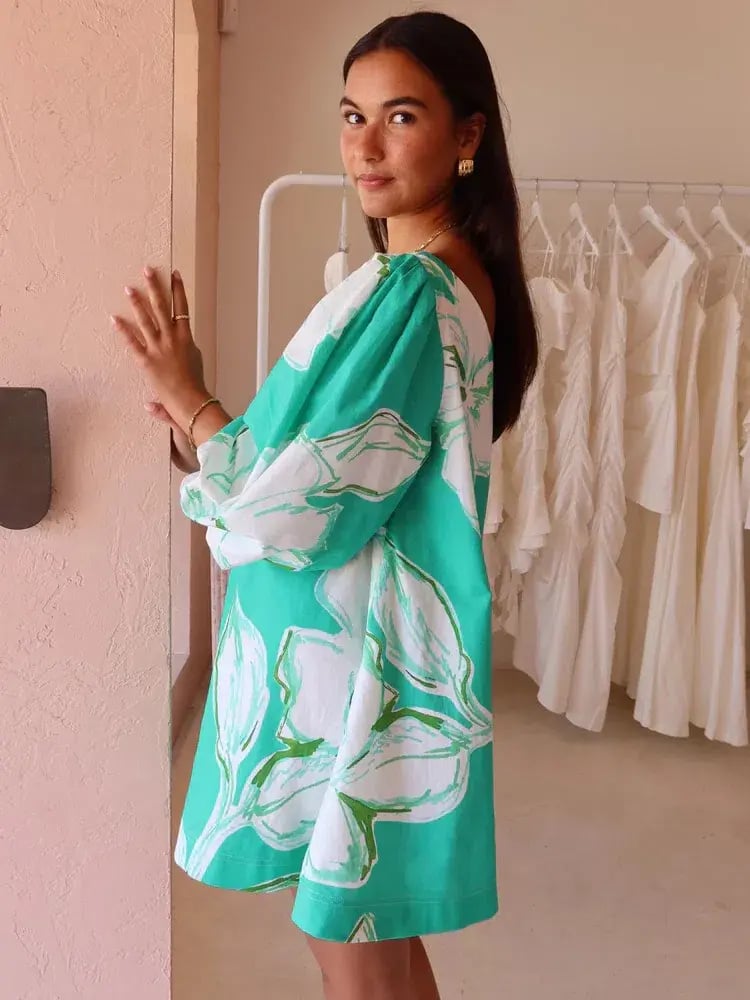 By Nicola Capri Off Shoulder Relaxed Mini Dress in Verde Fleur Size 10 photo 4