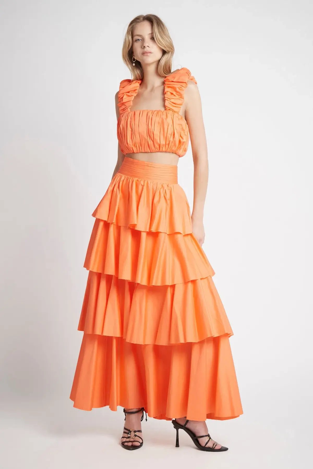 Aje Medina Ruched Crop Top and Tiered Midi Skirt Set Orange Size 6 photo 2