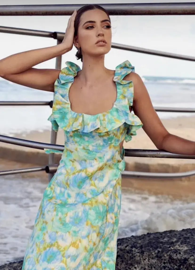 Zimmermann High Tide Frilled Midi Dress Aqua Ikat Floral Size 1 / AU 10 photo 7