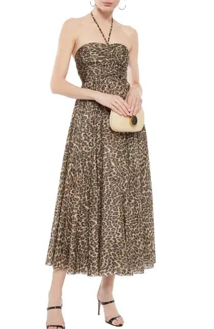 Zimmermann Ruched Leopard-Print Silk Halterneck Midi Dress Size 2/AU 12 photo 3