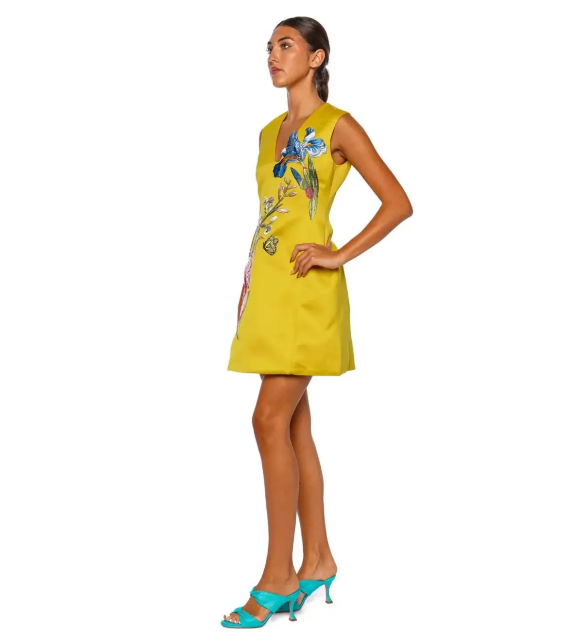 Leo Lin Bree V Neck Embroidery Mini Dress in Mustard Size AU 8 photo 2