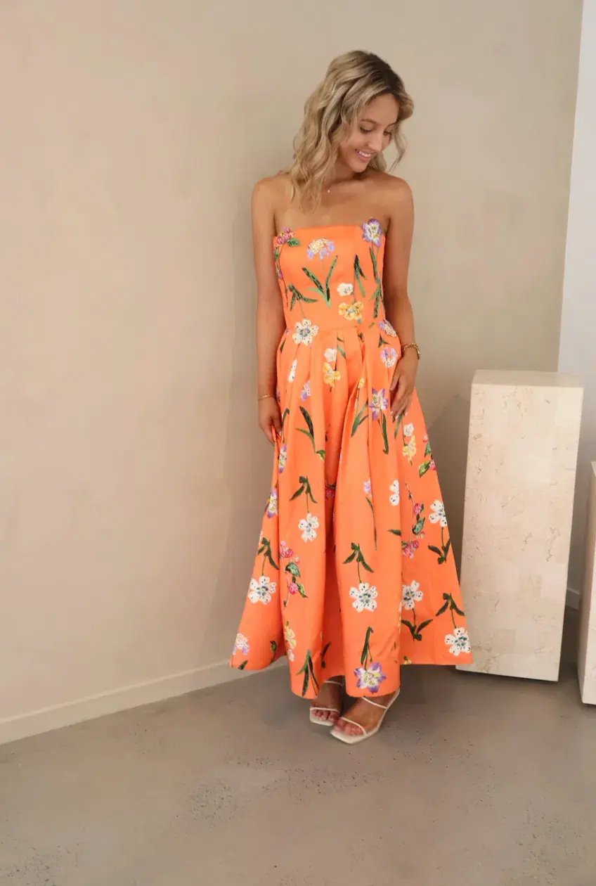 Leo Lin Lynn Bustier Midi Dress in Wild Flower in Coral Size 8 photo 3