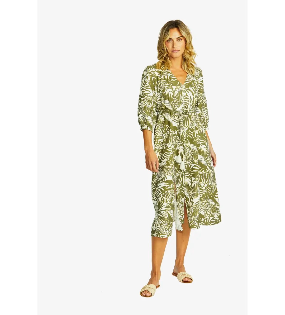 Ping Pong Flora V-Neck Button Midi Dress in Green Size 10/M photo 2