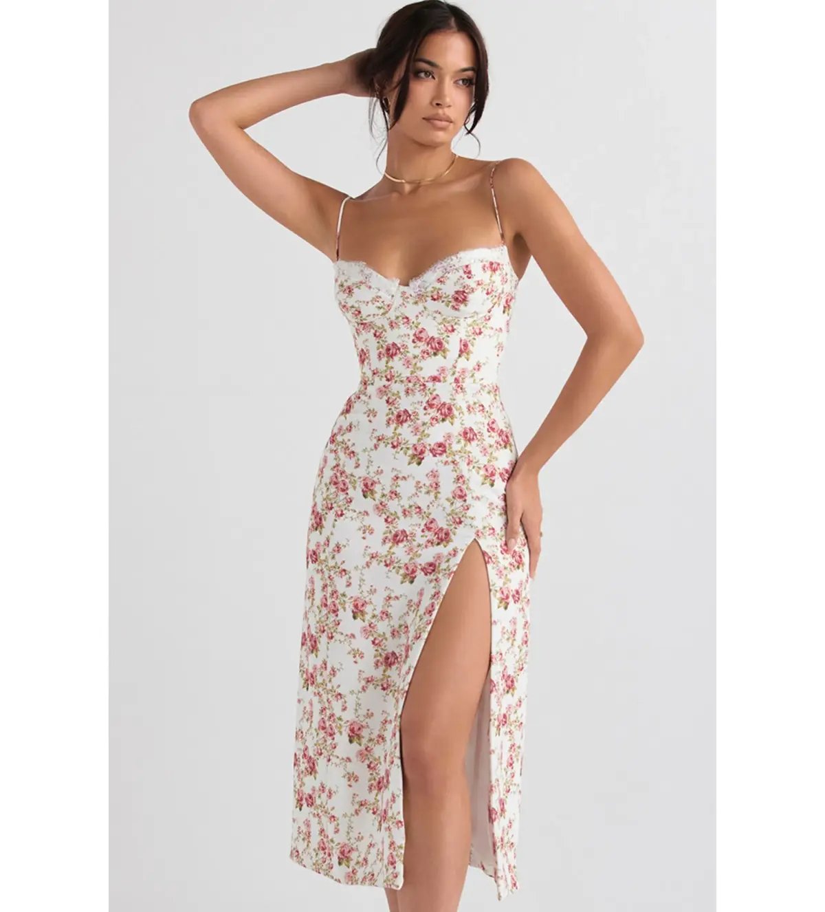 House Of Cb Charlotte Corset Midi Sundress  Rose Print Size M/AU 10 photo 2