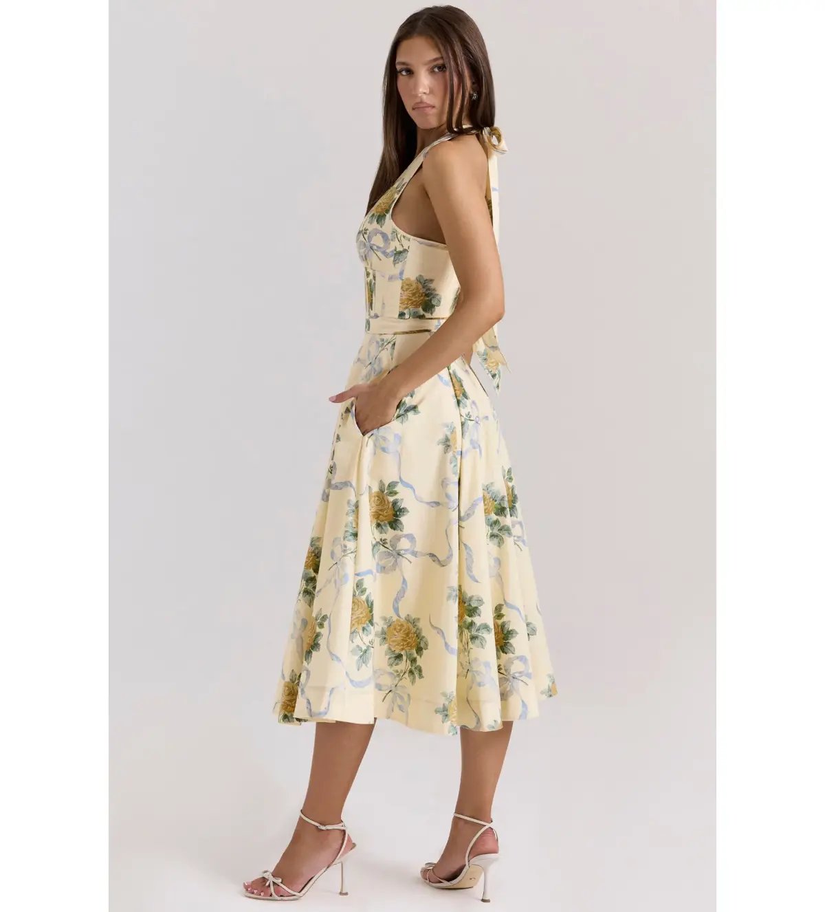 House of CB Allena Ribbon Stretch Cotton Halter Midi Sundress in Lemon Size AU 8 photo 3