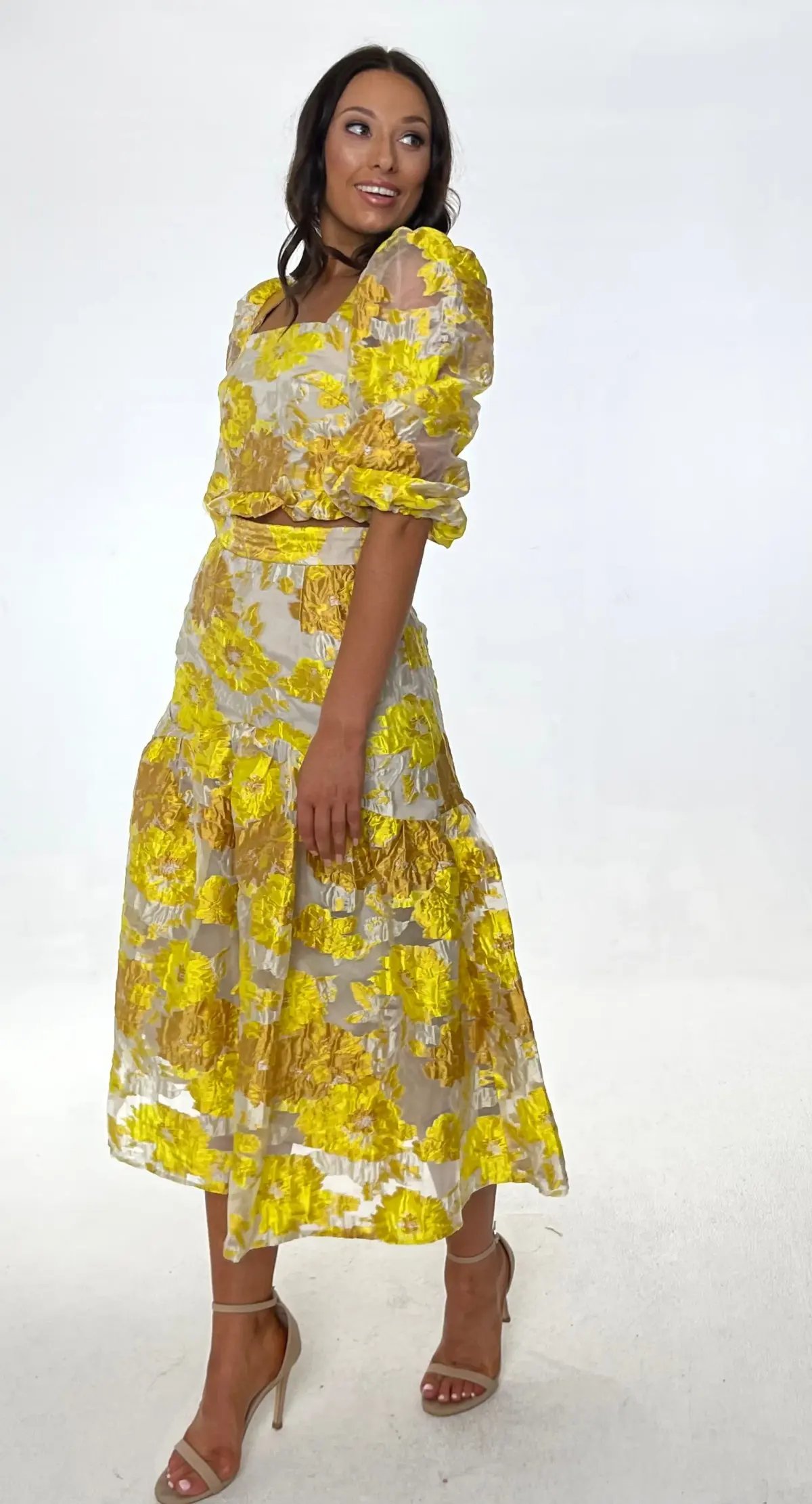 Elliatt Prowess Cropped Ruffle Top and High Rise Skirt Set Yellow Size 8 photo 2