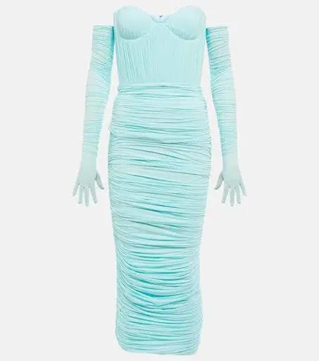 Alex Perry Prescott Ice Blue Off Shoulder Ruched Midi Dress With Gloves Size S / AU 8 photo 6