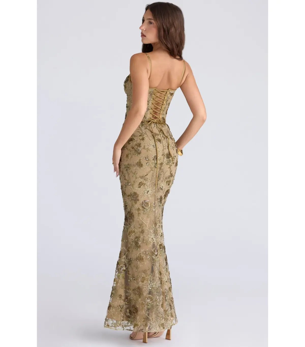 House Of CB Naima Hand Beaded Embellished Corset Maxi Dress Olive Bronze Size AU 8 photo 4