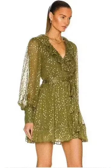 Zimmerman Silk & Lurex Wrap Mini Dress Green Size 0 / AU 8 photo 2